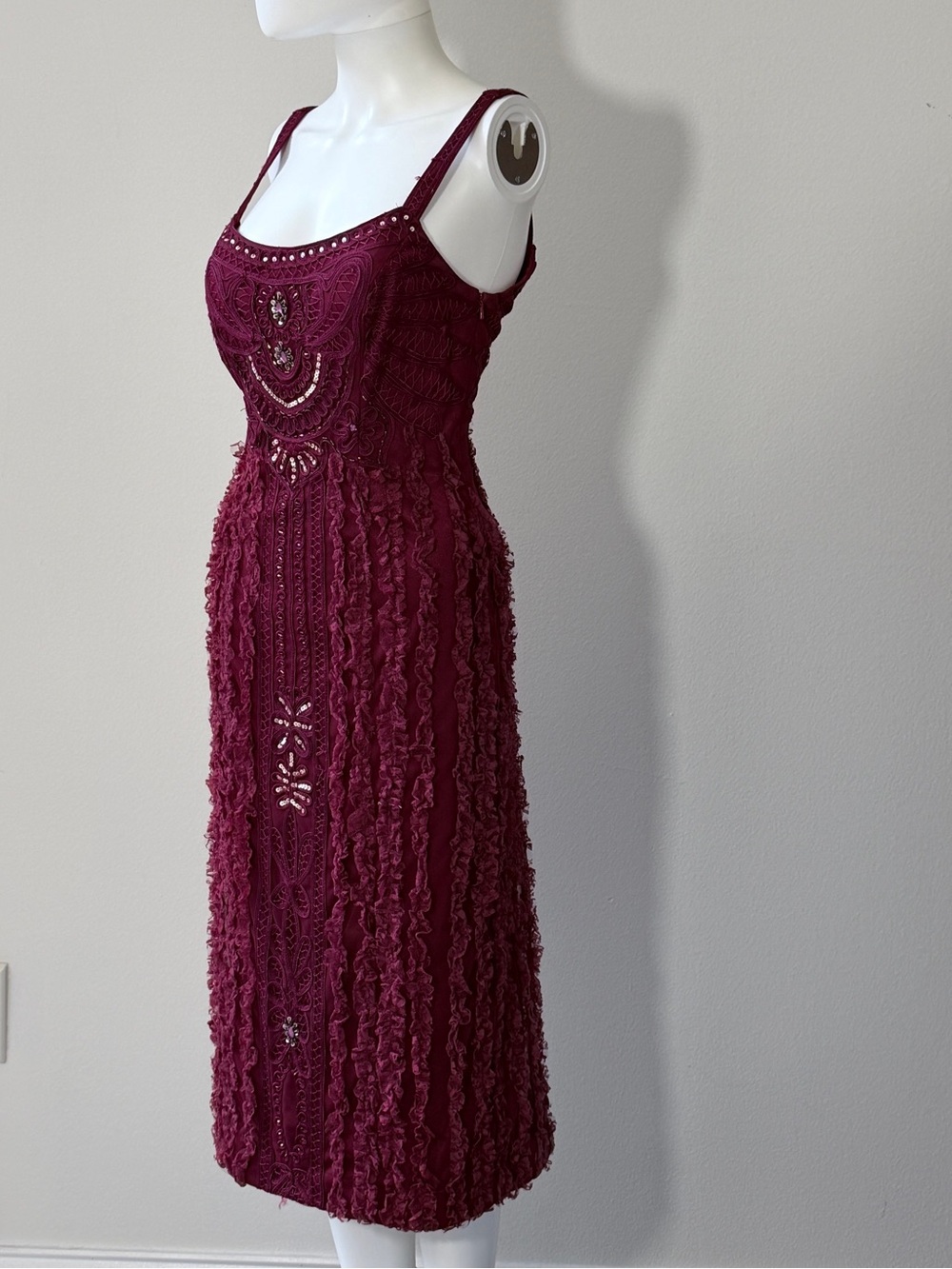 Sue Wong Burgundy Crochet & Beaded Midi Dress